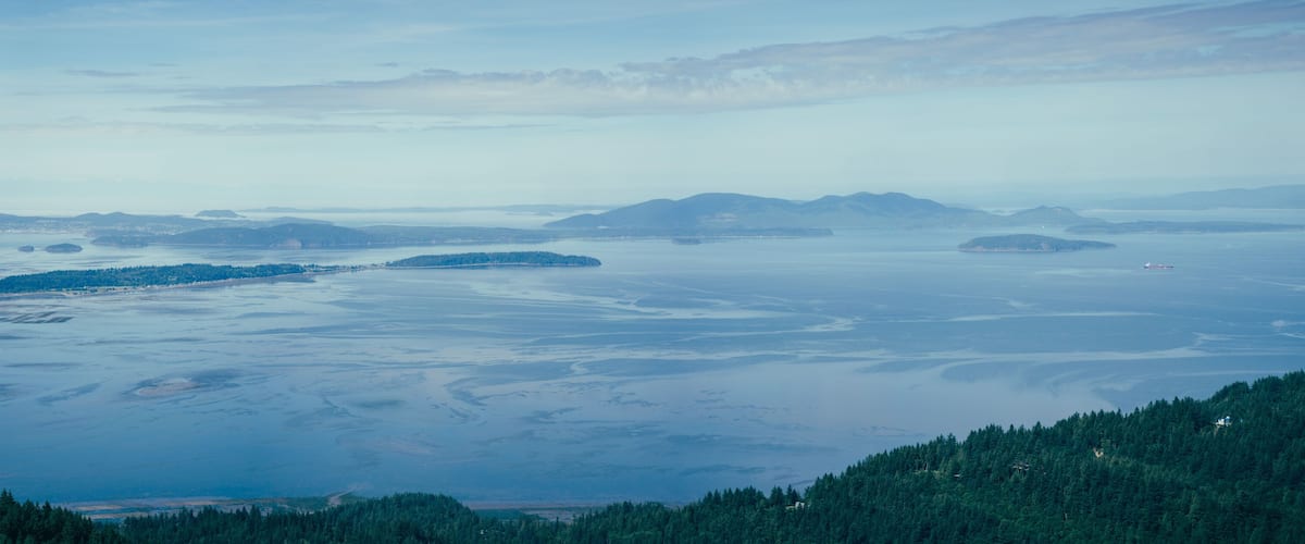 A coastal landscape with a large body of water, several islands, and a forested area in the foreground.