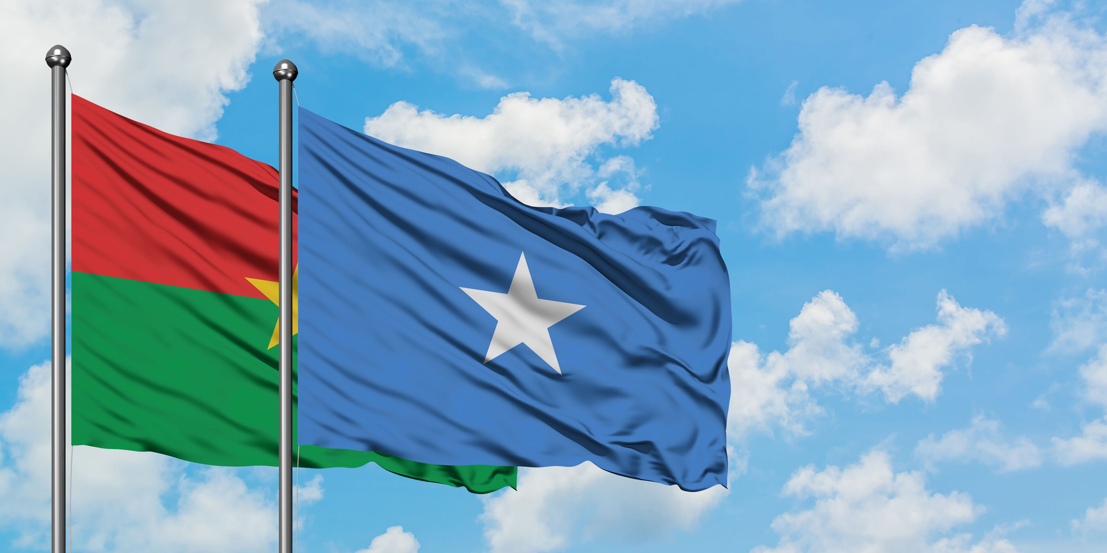 Two flags waving against a blue sky with clouds.