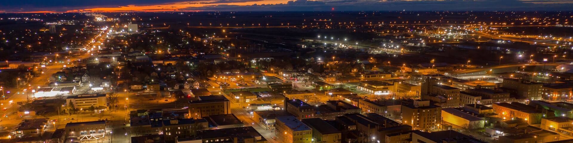 Aerial View of Aberdeen, South Dakota at Dusk