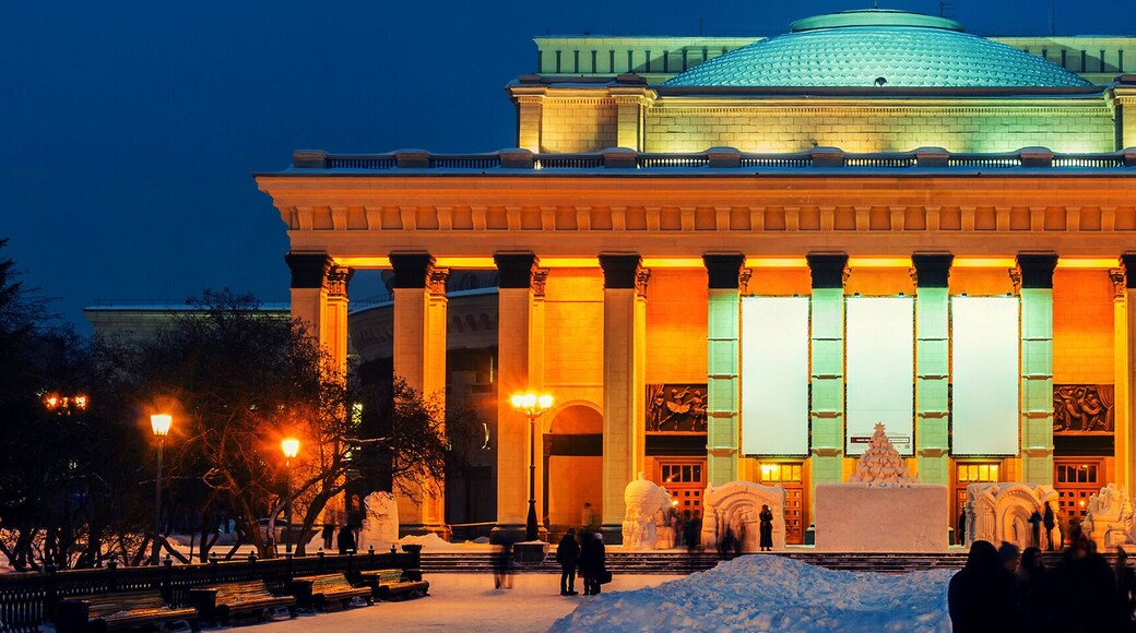 Illuminated Novosibirsk Opera and Ballet Theater is popular place in Siberia, Russia