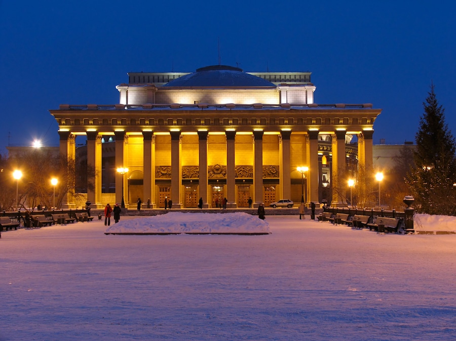 Night view on Novosibirsk Opera and Ballet Theater. Russia.