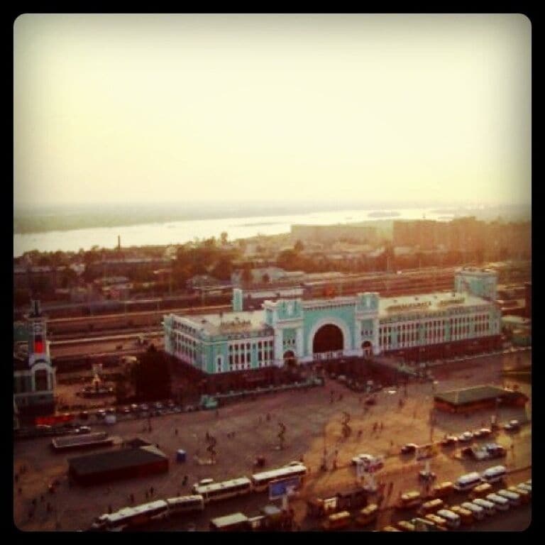 Amazing view from the window in hotel Novosibirsk. You can see the main railroad station and river Ob' behind it.