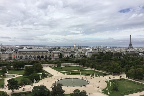 Vue sur le jardin des Tuileries à Paris, avec le musée du Louvre au premier plan, la tour Eiffel et le château de Versailles en arrière-plan.