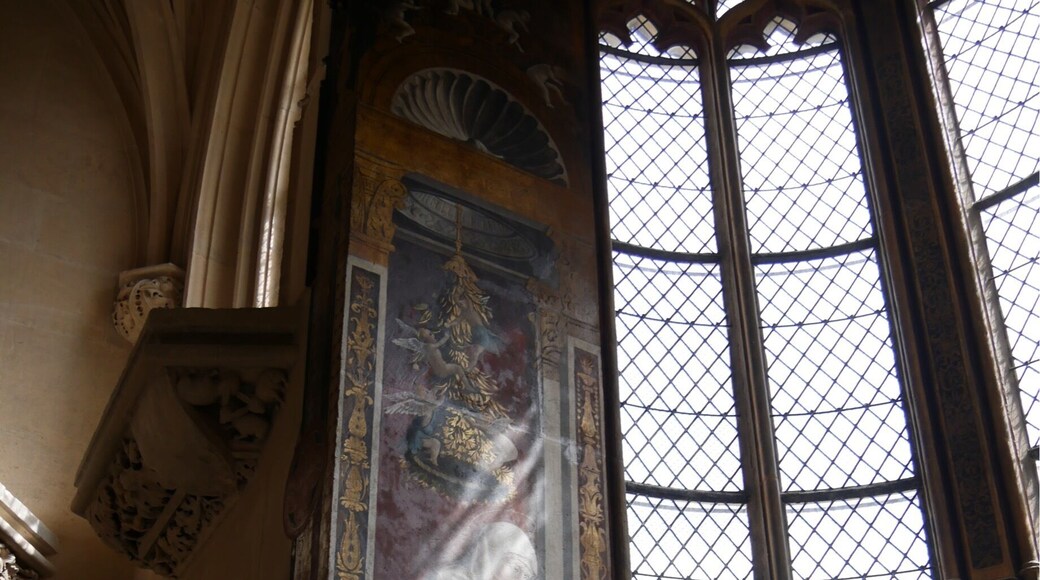 The sides of the apse in the Abbot's Chapel (Cluny Museum, Paris) are decorated with two mural paintings dating from the mid-sixteenth century (estimate) and produced in Italy. They depict the Virgin Mary's two half-sisters or sisters-in-law (depending on source), Mary Cleophas and Mary Salome, grieving over the death of Christ. Unfortunately, none of my museum books or other sources identifies which is which. I photographed the left Mary due to the sun's rays. If you know which Mary this is, please comment.