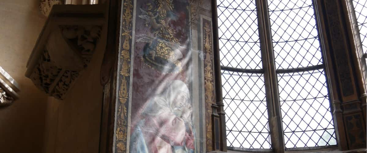 The sides of the apse in the Abbot's Chapel (Cluny Museum, Paris) are decorated with two mural paintings dating from the mid-sixteenth century (estimate) and produced in Italy. They depict the Virgin Mary's two half-sisters or sisters-in-law (depending on source), Mary Cleophas and Mary Salome, grieving over the death of Christ. Unfortunately, none of my museum books or other sources identifies which is which. I photographed the left Mary due to the sun's rays. If you know which Mary this is, please comment.