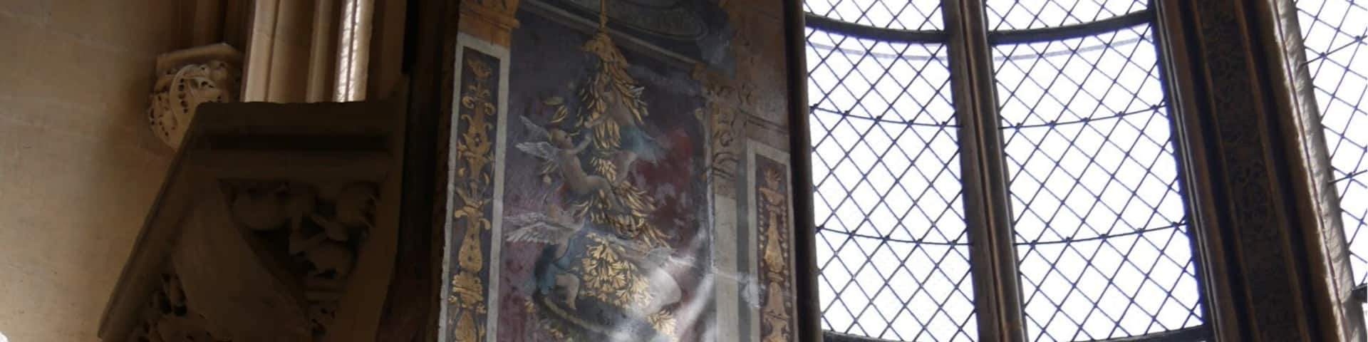 The sides of the apse in the Abbot's Chapel (Cluny Museum, Paris) are decorated with two mural paintings dating from the mid-sixteenth century (estimate) and produced in Italy. They depict the Virgin Mary's two half-sisters or sisters-in-law (depending on source), Mary Cleophas and Mary Salome, grieving over the death of Christ. Unfortunately, none of my museum books or other sources identifies which is which. I photographed the left Mary due to the sun's rays. If you know which Mary this is, please comment.