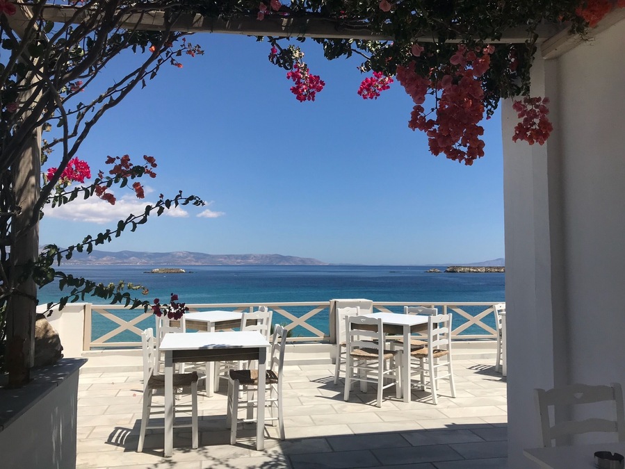 View from the terrace of the Blue Dolphin in Paros. Great Greek food and a gorgeous view!