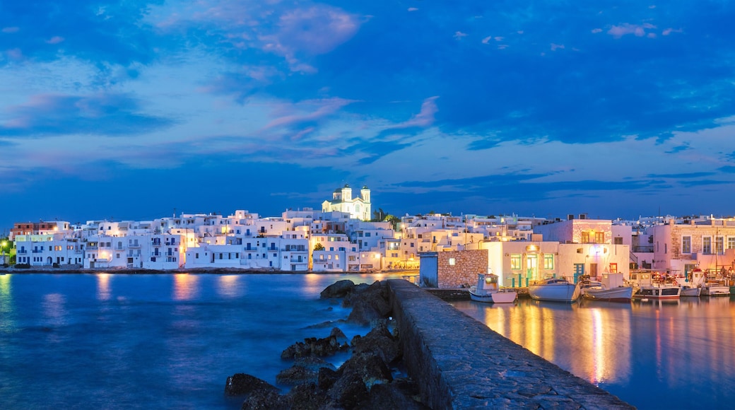 Panorama of picturesque Naousa town on Paros island, Greece in the night