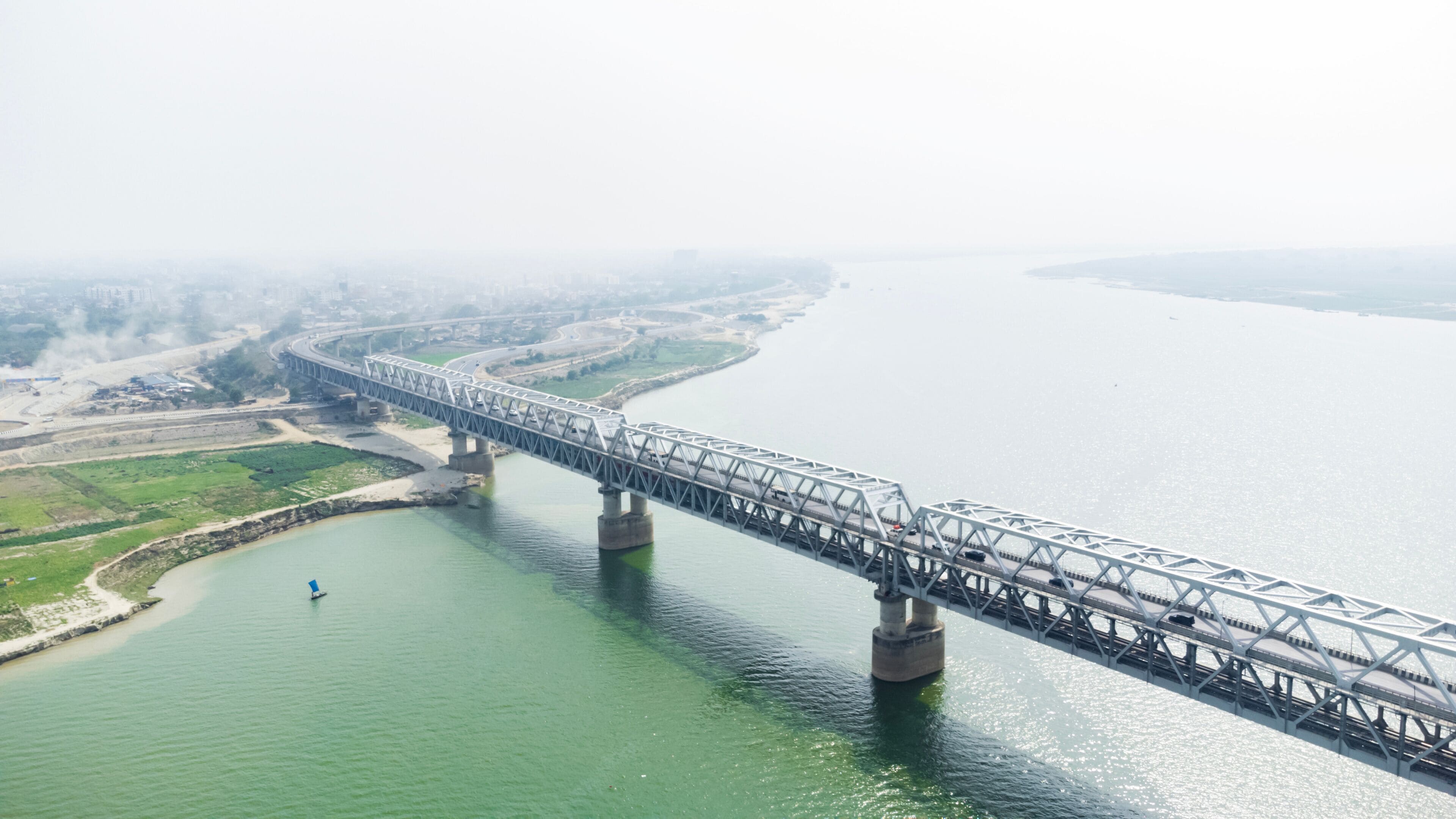  Aerial view of digha sonpur bridge or J. P. Setu is a rail-cum-road steel truss bridge across river ganga, connecting digha ghat in patna and pahleja ghat in sonpur at bihar India.