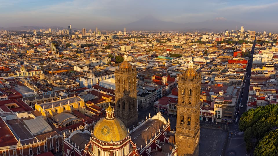 Puebla downtown taken in sunrise time with drone, Mexico