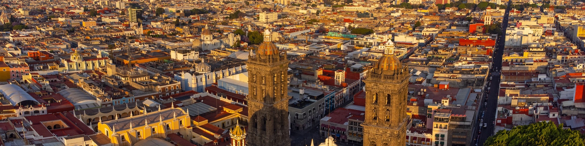 Puebla downtown taken in sunrise time with drone, Mexico