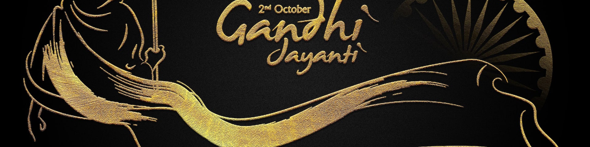 A stylized depiction of Mahatma Gandhi holding a spinning wheel, with the text "2nd October Gandhi Jayanti" and a national flag.