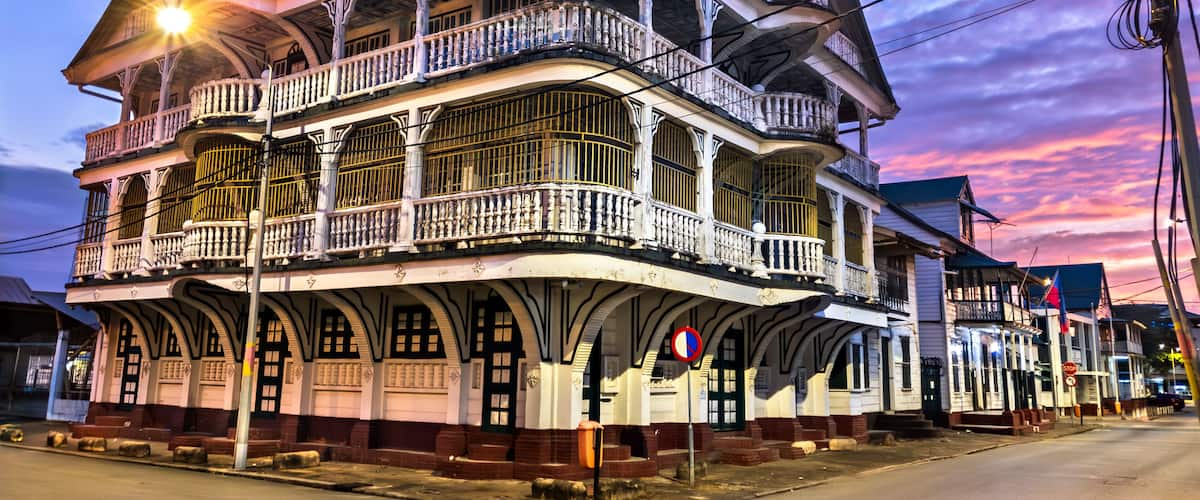 Architecture of Historic Inner City of Paramaribo at sunset, UNESCO world heritage in Suriname