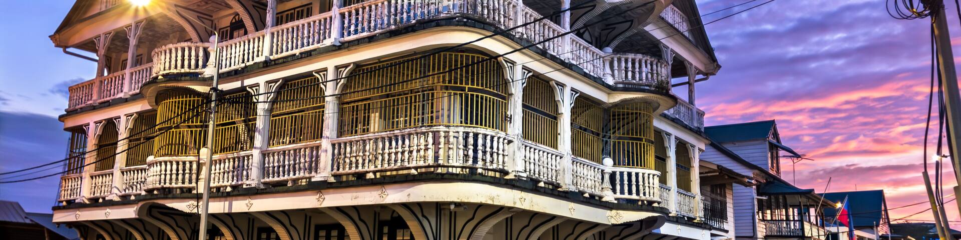 Architecture of Historic Inner City of Paramaribo at sunset, UNESCO world heritage in Suriname