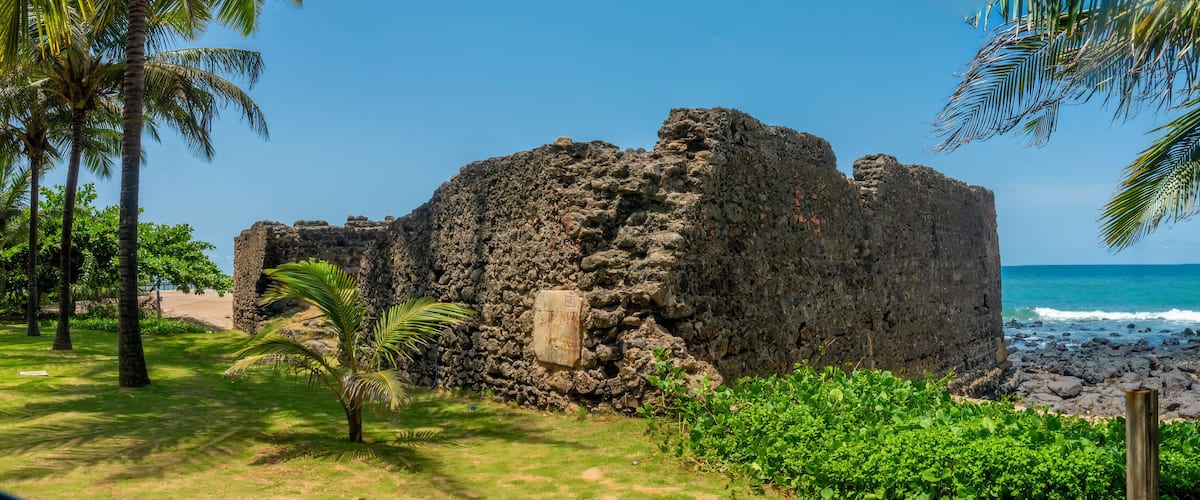 A rocky structure near a beach with palm trees and ocean waves.