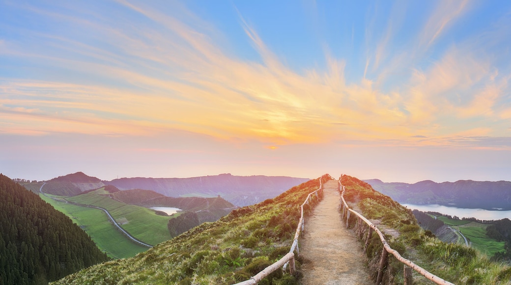 Mountain landscape with hiking trail and view of beautiful lakes, Ponta Delgada, Sao Miguel Island, Azores, Portugal.; Shutterstock ID 467963054