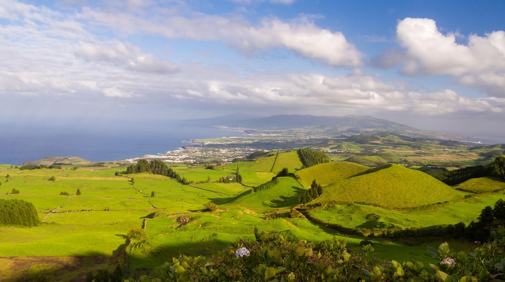 KM6315 Landscape in Sao Miguel Island, Azores, Portugal, as seen from Coal Peak viewpoint. Capelas and Ponta Delgada in the background