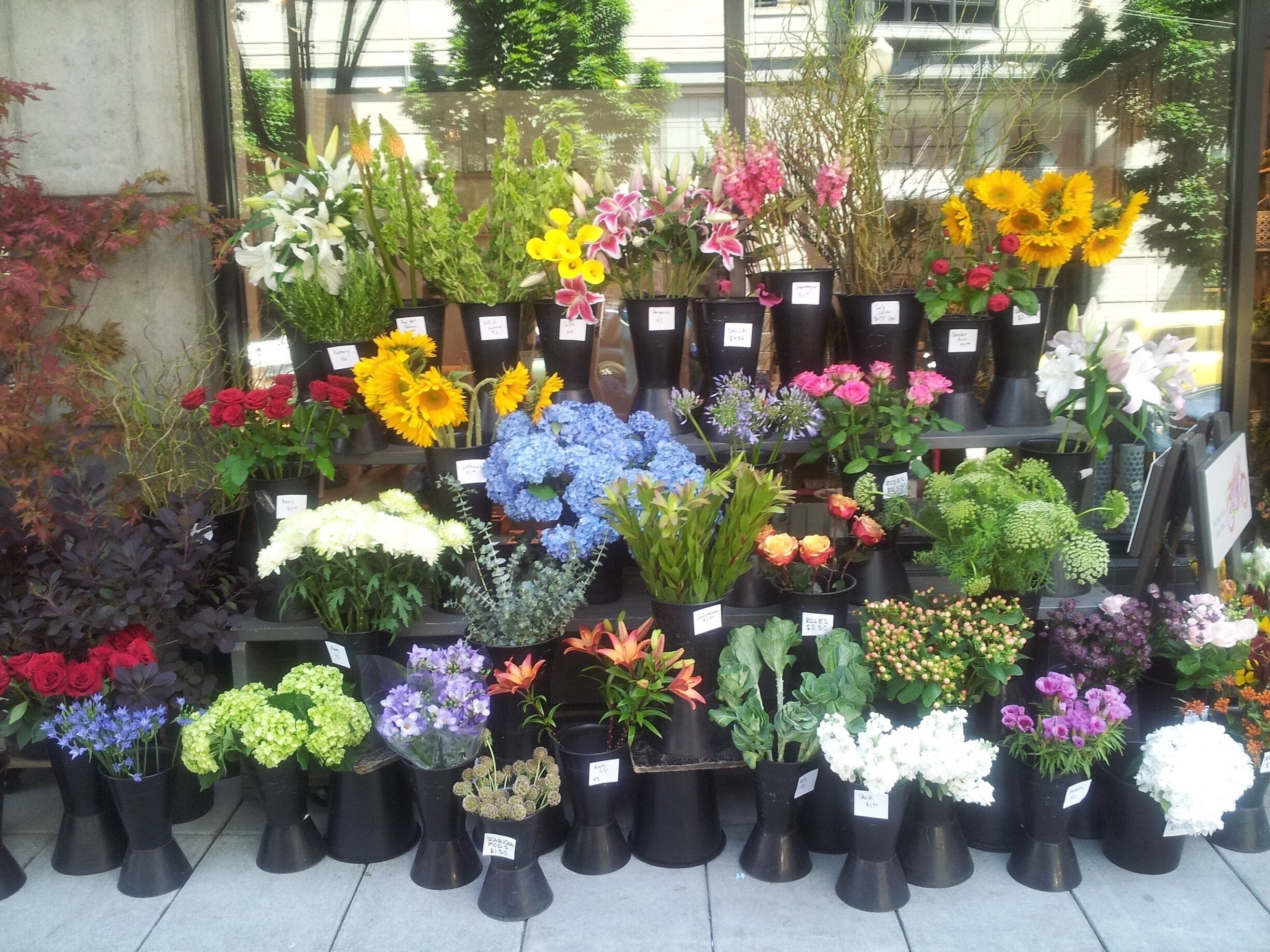 Many flower stands at Portland Farmers Market.