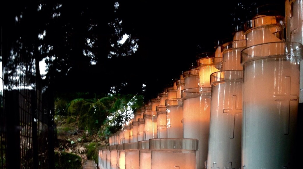 Votive candles flank each side of the grotto in Portland.