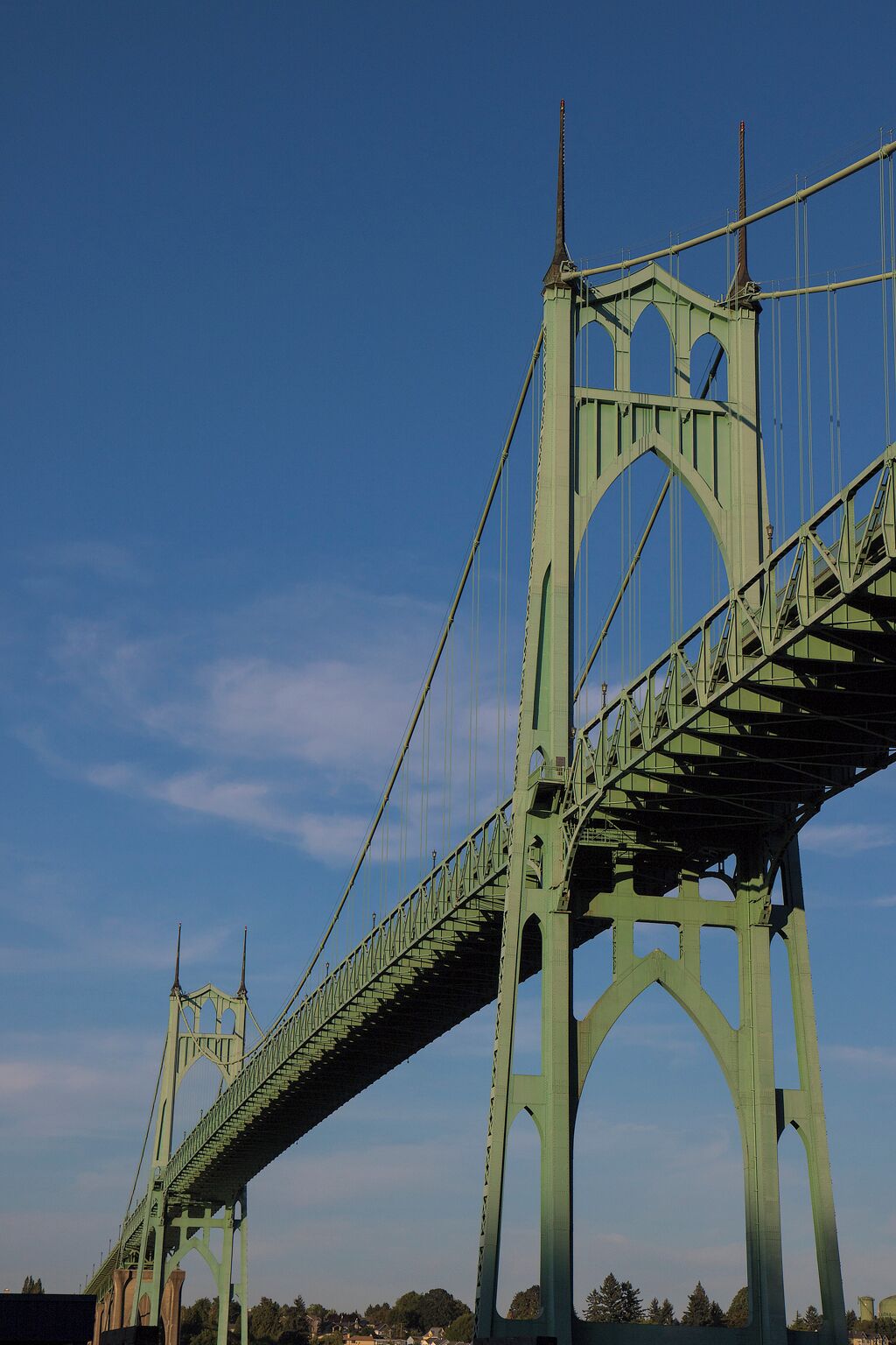 The St. Johns Bridge is a lesson in superlatives.  Those gothic cathedral-like towers are 408 feet tall, making it the tallest bridge in the state.  The center span is 1,207 feet across, and the total length is 2,069 feet from stem to stern.  Making it the longest bridge in the state.  It was built in 1931 (as an aside, providing much-needed labor for the area during the depression), which makes it one of the oldest.   And perhaps this is all subjective, but it is certainly one of the most beautiful bridges you are likely to see anywhere or any time.

Oh, we have to add this, it is probably the only bridge ever to stand as a symbol for a widely-popular network television show.  The name escapes me now, but I can certainly tell you that the residents of Portland do not necessarily take a grim view of that.

https://en.wikipedia.org/wiki/St._Johns_Bridge

