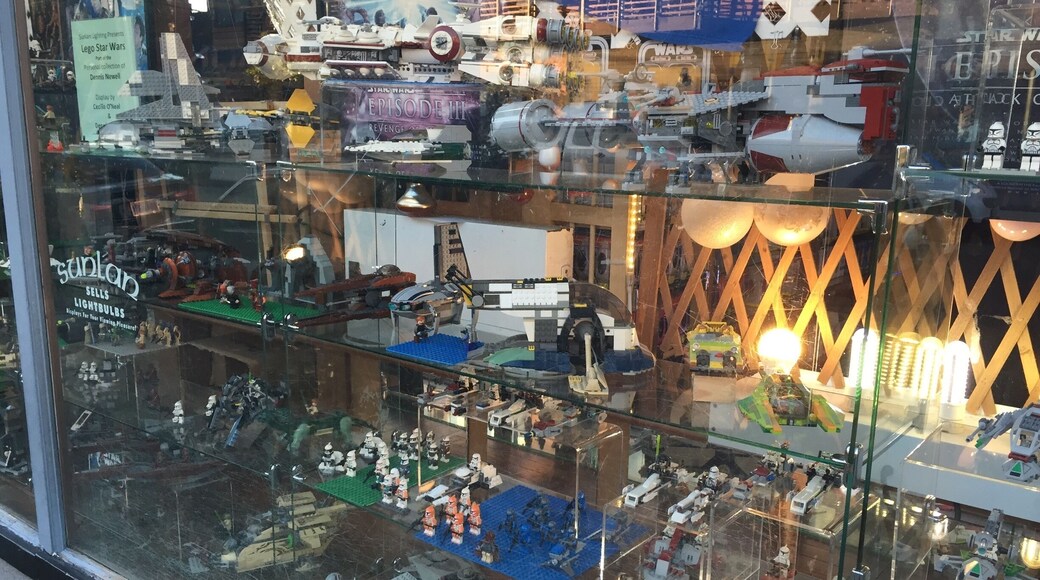 An entire window display of Star Wars Lego sets, in the window of the most comprehensive selection of light bulbs in Oregon...