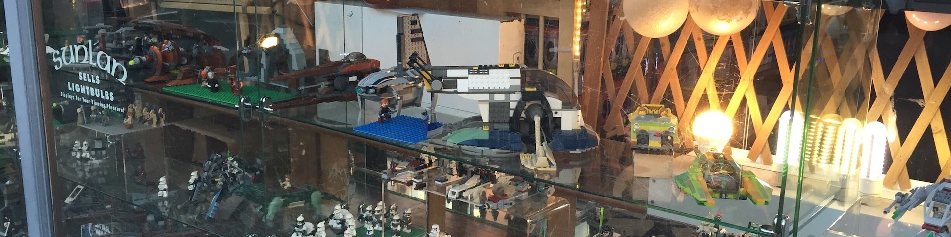 An entire window display of Star Wars Lego sets, in the window of the most comprehensive selection of light bulbs in Oregon...