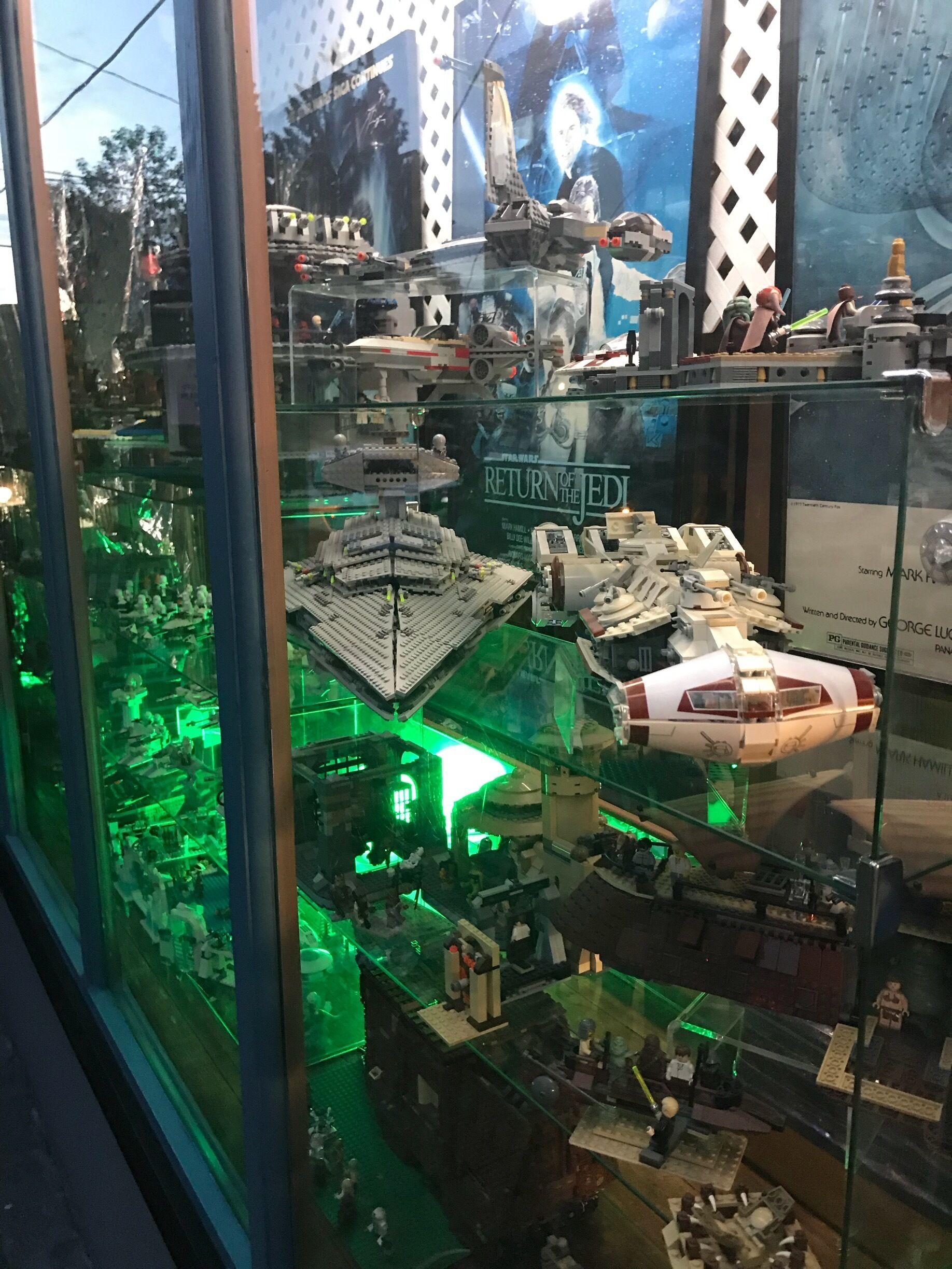 The spectacular LEGO model collection in the windows of Sunlan Lighting.