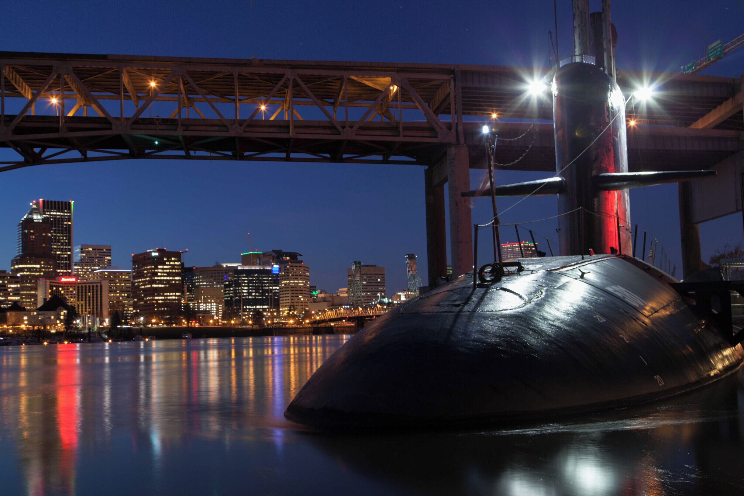 USS Blueback at night. Oregon Museum  of Science and Industry. Absolutely the best place to photograph the  Portland skyline and Tillamook Crossing.. Accessible 24 hours a day.
