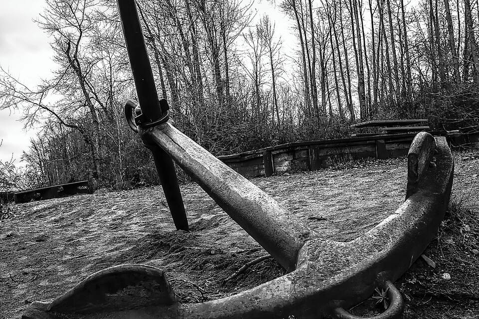 A large anchor in a forested area.