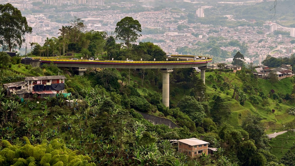A bridge over a lush green valley with a cityscape in the background.