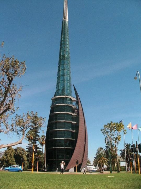 Nice building
Center of attraction & landmark 
Been there April 2012

The Swan Bells are a set of 18 bells hanging in a specially built 82.5 meters-high copper and glass campanile, commonly known as The Bell Tower or the Swan Bell Tower, in Perth, Western Australia, Australia.