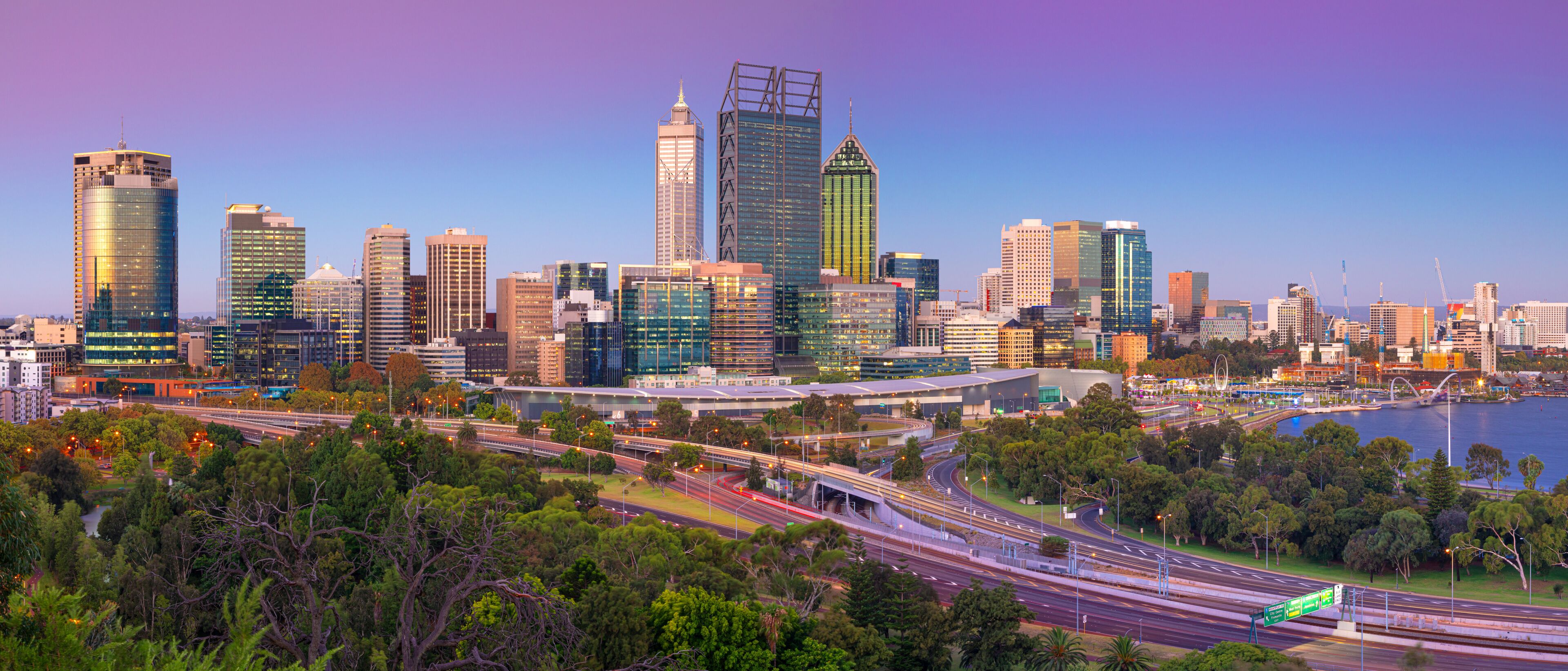Perth. Panoramic cityscape image of Perth skyline, Australia during twilight blue hour.