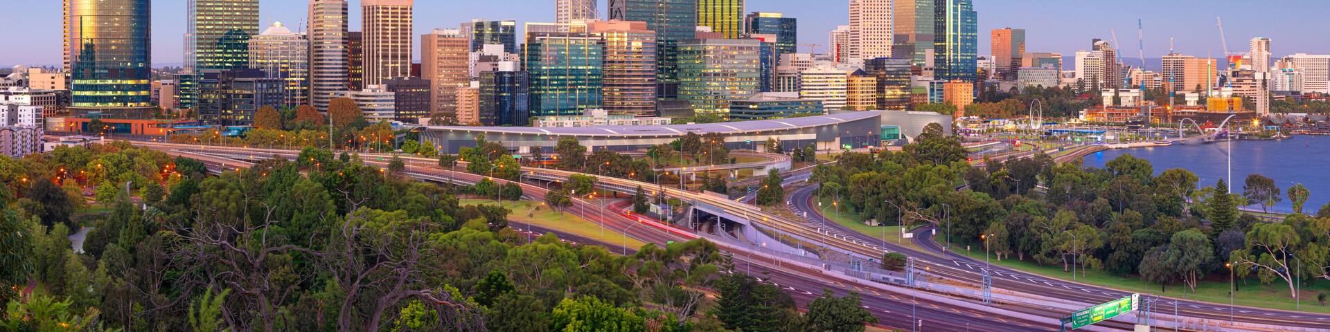 Perth. Panoramic cityscape image of Perth skyline, Australia during twilight blue hour.