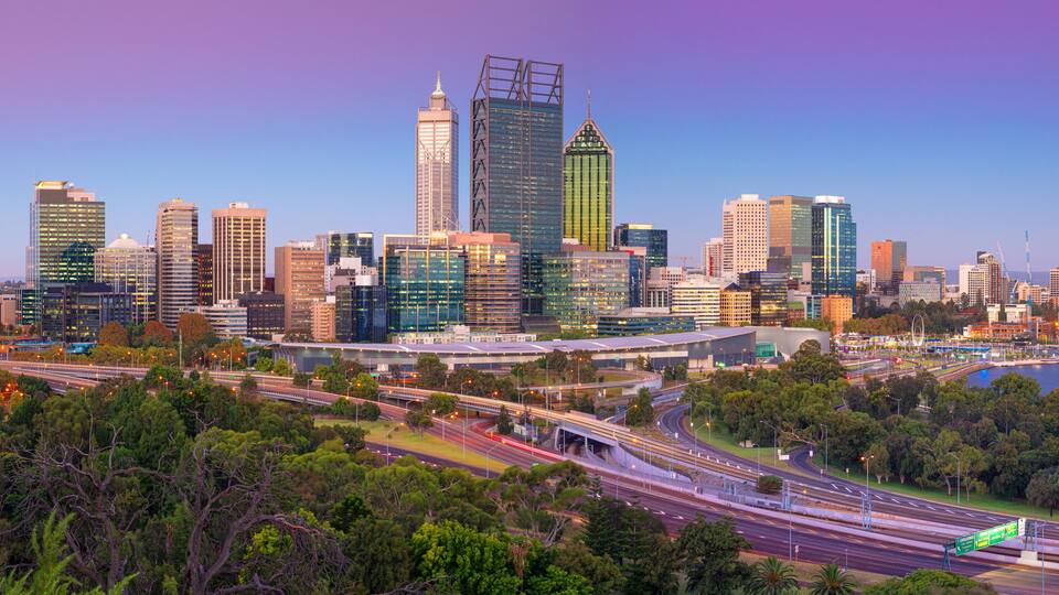 Perth. Panoramic cityscape image of Perth skyline, Australia during twilight blue hour.