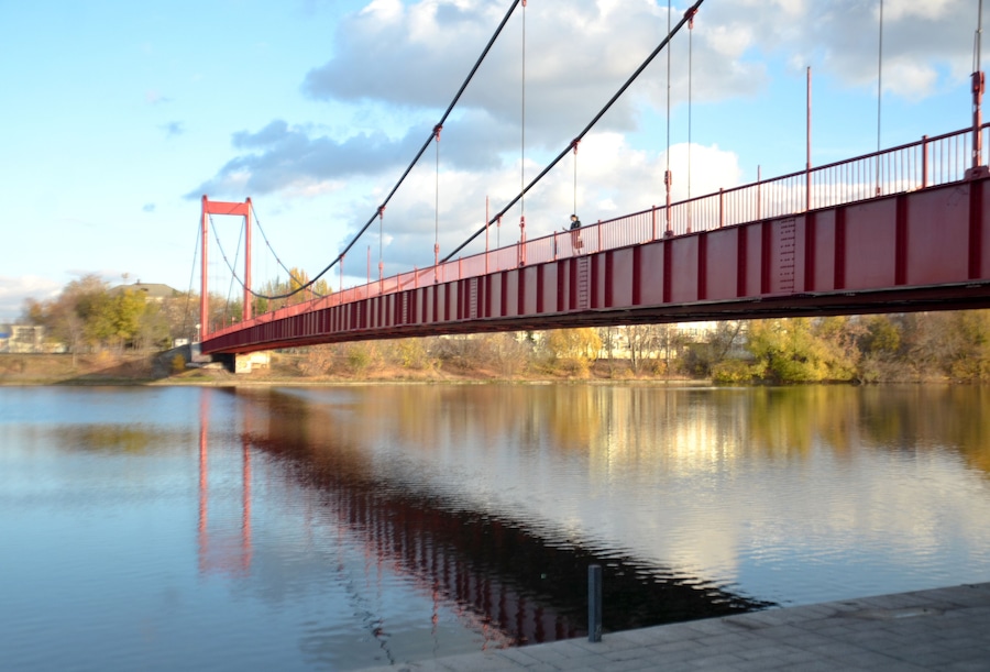 Russia Penza October 24, 2020: Druzhba suspension bridge on cables across the Sura river