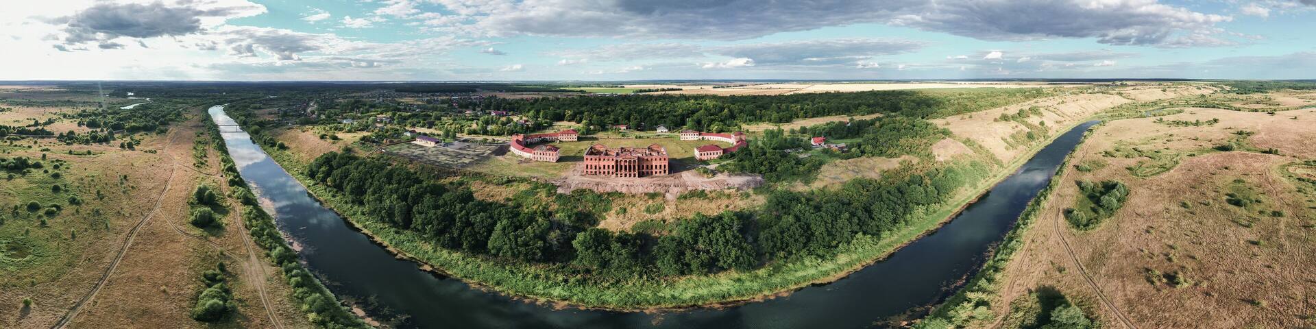Aerial panorama of the 18th century estate of the landowner Prince Kurakin in the village of Kurakino, Penza region, Russia