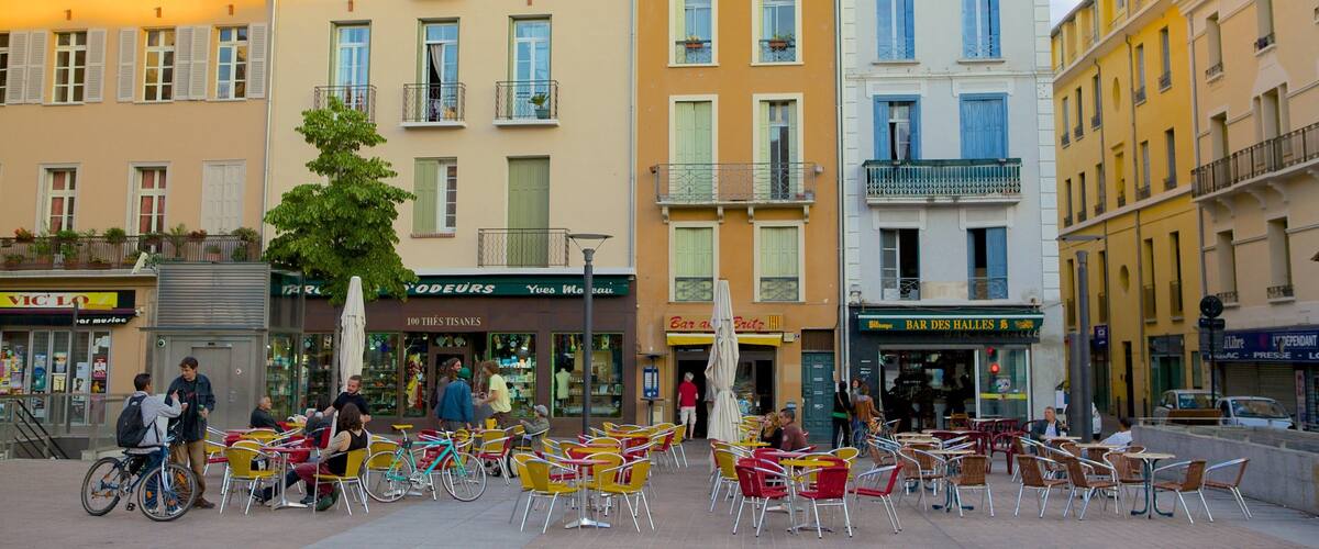 Perpignan montrant sortie au restaurant, square ou place et scĂšnes de rue