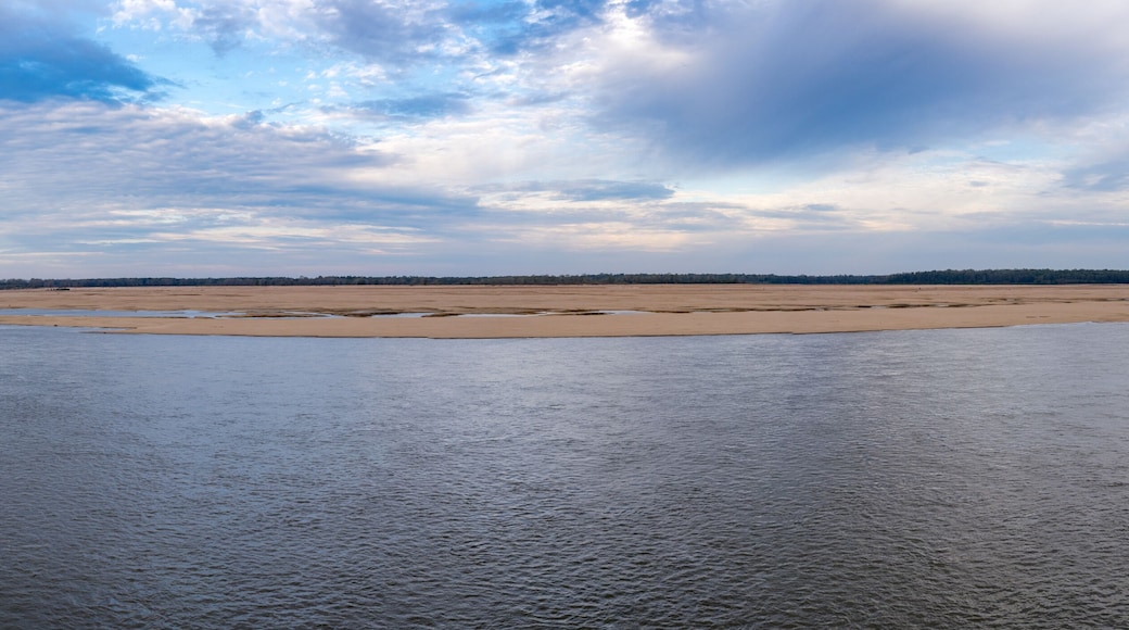 Panorama of sand banks due to extreme low water conditions on Mississippi river in October 2023 near Greenville, MS