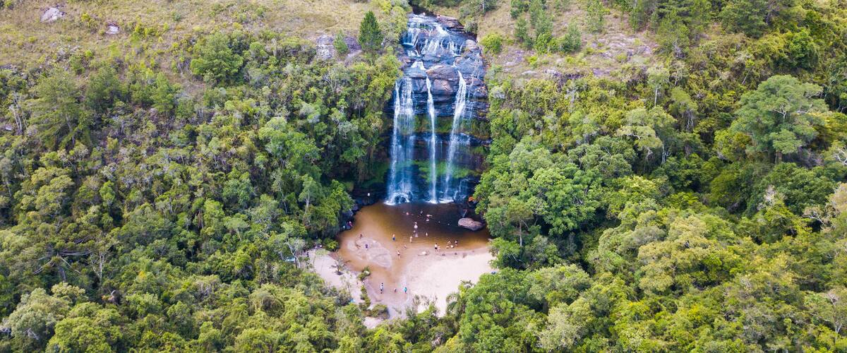 A waterfall surrounded by dense forest.