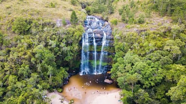 Una cascada se precipita por un risco rocoso rodeado de un bosque denso.