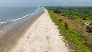 Aerial view of serene beach with canoe on the shore and lush greenery, Andoni, Nigeria.