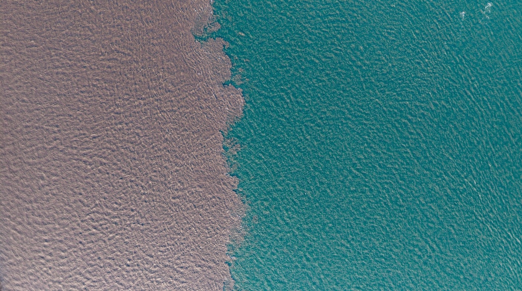 A coastal landscape with a sandy beach and turquoise waters.