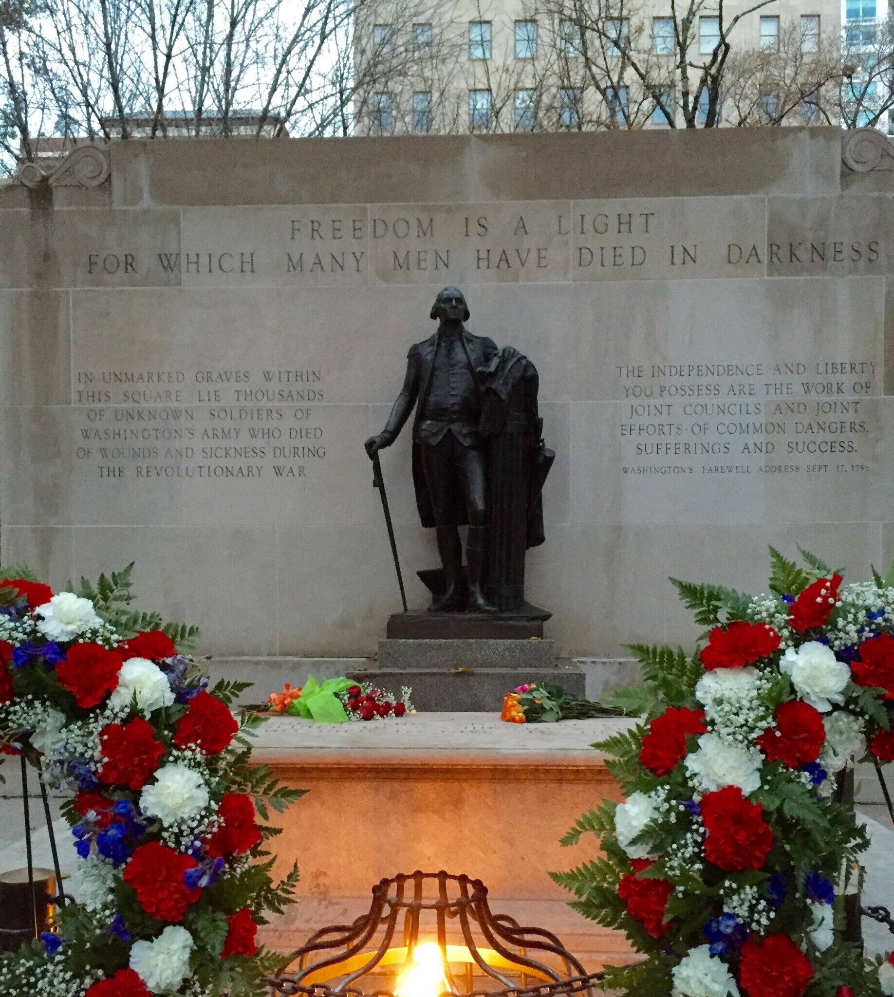 Tomb of the Unknown Revolutionary War Soldier.
The park itself has an interesting history.  It is about 6 acres in size, includes the Tomb, a fountain, benches and several history informational markers.  There is a sycamore 'Moon Tree' growing in one of the corners.  Planted in 1975, from a seed that was carried around the moon on the Apollo 14 mission.  
The park was a burial ground from the early 18th century to after the Revolutionary War.  In the early 1800's, as the neighborhoods around the  became more developed, the land was used more as a park and started to get cleaned up.  Now, it's a pleasant way sit and have a break while seeing the sights.  