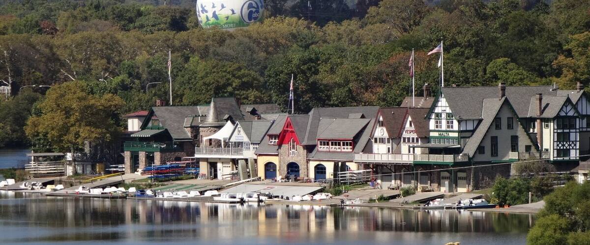 As implied by the name, Boathouse Row consists of a row of 15 boathouses housing social and rowing clubs on the east bank of the Schuylkill River. As a Where's Waldo sort of bonus, lurking in the background is the Channel 6 ZooBalloon. The balloon rises 4000ft to give zoo visitors an aerial view of zoo exhibits, Fairmount Park and Center City.