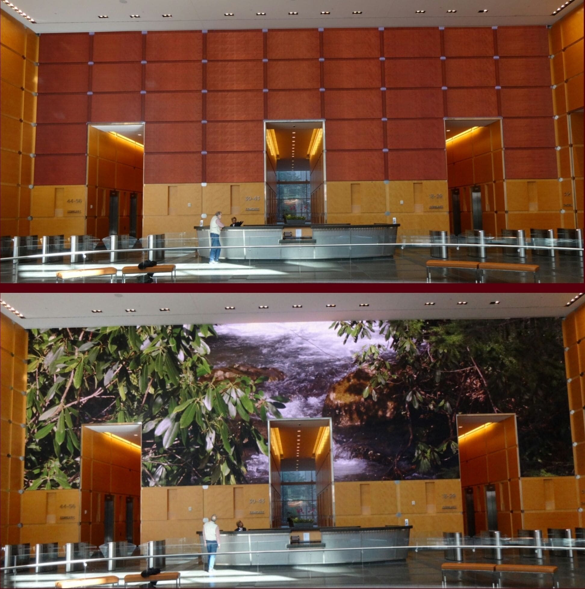 The main lobby of the Comcast Center holds quite the surprise for first time visitors, an art installation titled, The Comcast Experience. The back wall looks just like the other surrounding wood paneled wall when in fact it is a 2,000 square feet high-definition LED screen composed of 7.8 million pixels. The display runs eighteen hours each day. The content of the video includes panoramic views of Philadelphia historic sites, images of space, dancers, acrobats and actors moving around a background designed to mimic wood paneling of the walls of the lobby. 