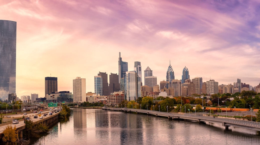 Philadelphia, Pennsylvania, United States of America. Aerial Panoramic View of a Modern Downtown City. Sunset Sky Composite. Cityscape Panorama