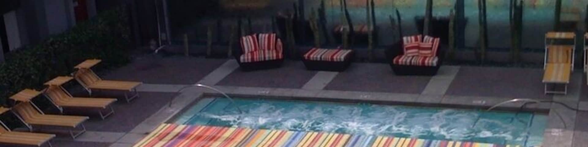 Funky boutique hotel with nice pool and rooftop area.