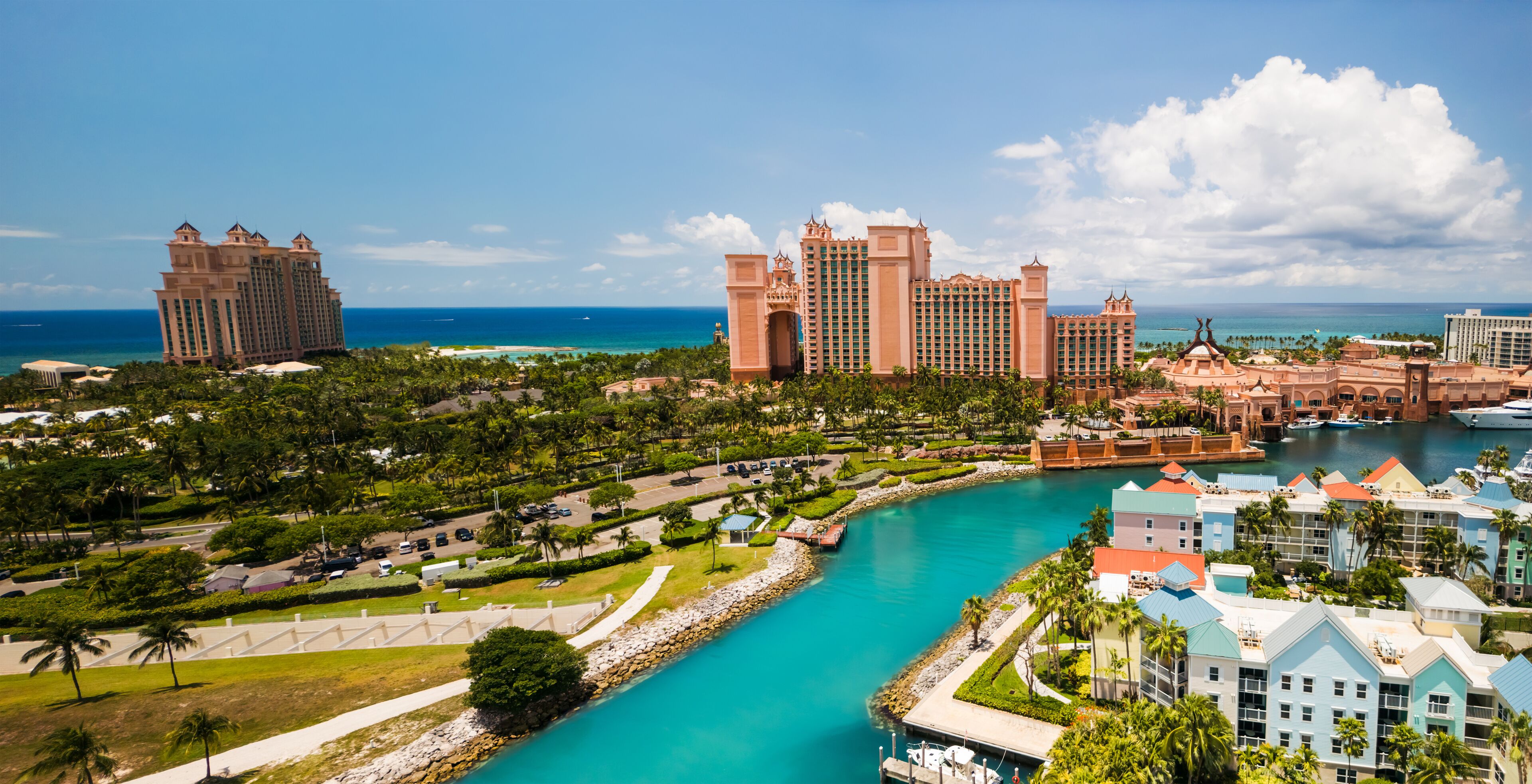 Panoramic view of colorful buildings and resorts at Paradise Island in Nassau, Bahamas.