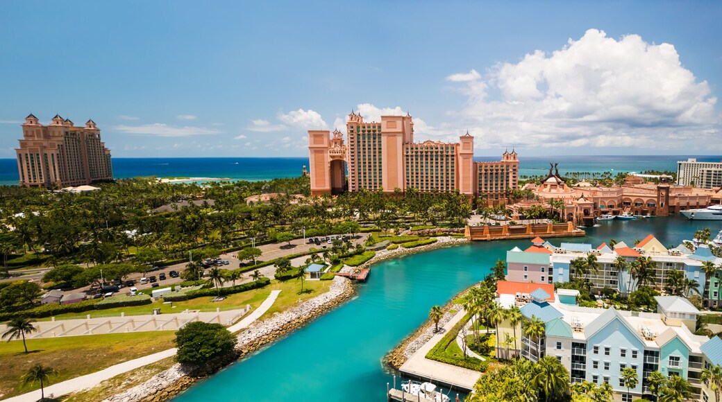 Panoramic view of colorful buildings and resorts at Paradise Island in Nassau, Bahamas.