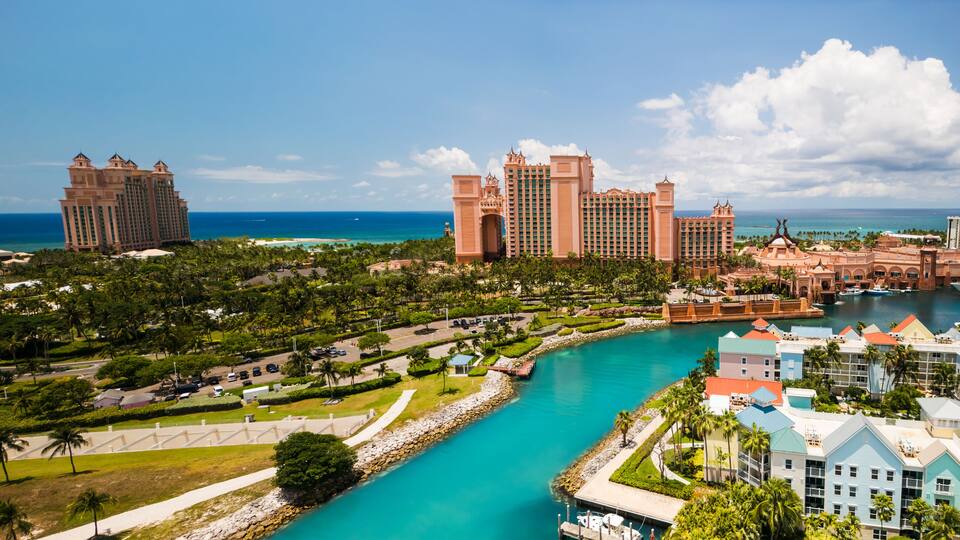 Panoramic view of colorful buildings and resorts at Paradise Island in Nassau, Bahamas.